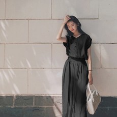ANYOU 여성 롱 원피스 민소매 브이넥 치마