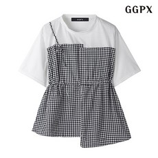 GGPX 체크 배색 허리 스트링 프릴 반팔 티셔츠 (GOBLW001D)