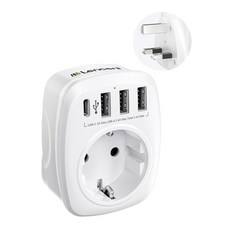 LENCENT USB 고속충전 전세계 여행용 해외 영국 규격(Type G) 플러그 어댑터 4포트 (3 USB A + 1 USB C) 한국 영국 싱가포르 말레이시아 변환 화이트, 1개 1개