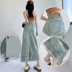 손오공 여자 데일리룩 스커트 청데님 청치마 빈티지 데님 미디 퍼 트리밍 가을 하이웨스트 롱 KUK3