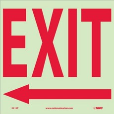 NMC GL16P 안전 표지 (왼쪽 화살표 표시) "EXIT" 10 "너비 x 10"높이 감압 성 글로우 비닐 흰색 바탕, 단일옵션