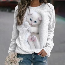 귀여운 고양이 프린트 풀오버 스웨트셔츠 가을 겨울용 캐주얼 긴팔 크루넥 여성 의류