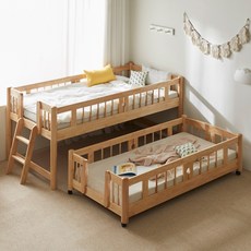 (주)가구타운 원목 슬라이딩 분리형 2단 이단침대 우드깔판 포함, B타입 내추럴(싱글+주니어), PE폼 양면 매트리스 2장