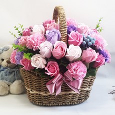 더봄플라워 혼합60송이꽃바구니 비누꽃 어버이날 장미 카네이션, 분홍,보라