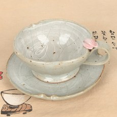 핑크꽃 손잡이 잔+받침 죽그릇 큰잔 쌍화차잔 260ml, 1개