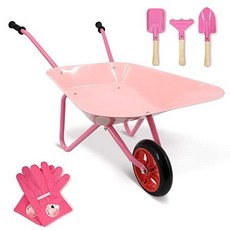 Hortem 5PCS Kids Wheelbarrow Set Metal Construction Kids Wheel Barrel and Kids Garden Tools Kids Ga, Pink