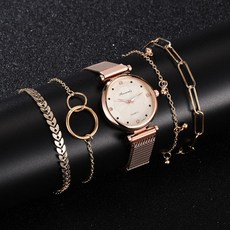 여성을위한 럭셔리 5pcs 세트 시계 팔찌 로즈 골드 자석 버클 꽃 시계 여성 숙녀 시계 팔찌 세트 relogio feminino|여성용 시계|