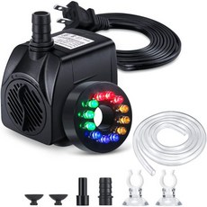 분수 노즐 설비 연못 스프링쿨러 LED 조명이 있는 펌프 220GPH15W 900L/H 잠수식 물 6.5피트 배관ID x 1/3인치의 내구성 실외 수족관용 3개 어항용 블랙, 1개