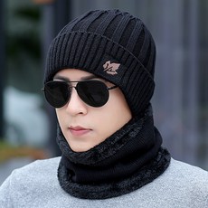 비니 모자 남성겨울 보온 니트 겨울 자전거탈때귀보호 방한모자 자남성 커버 목도리 두꺼운, 모자 세트 모자 + 턱받이 _검정