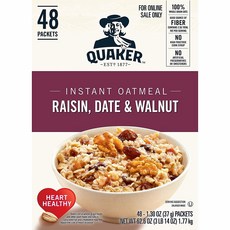 퀘이커 오트밀 시리얼 레이진 데이트 월넛 48봉 1박스 Quaker Instant Oatmeal Raisin Date & Walnut Individual Packets 48 Count, 1set