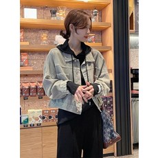 형광 데님 자켓 숏 긴팔 청재킷 봄 가을 여성 루즈핏 크롭 점퍼 사파리 재킷 아우터