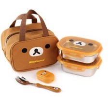 리락쿠마 아동용 2단 스텐 도시락 + 포크스푼, 리락 브라운, 1세트