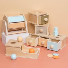 몬테소리 유아 장난감 원목 감각 교육용 마카롱 컬러 스피닝 드럼 매치 동전 상자 원형 직사각형, 01 3 887, 1개
