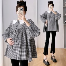 임산부 가을 체크 상의 여밈 수유 셔츠 인형 셔츠
