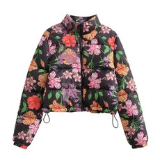 여성 목폴라 니트 의류 복고풍 꽃 프린트 높은 칼라 짧은 졸라매는 면 패딩 재킷 따뜻하게 유지