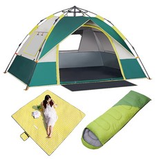 플랜타트 원터치 자동 텐트 방수 방우 캠핑용 나들이용 간편설치 간편수납 4인용, 텐트+침낭(그린 L)+돗자리(노랑)