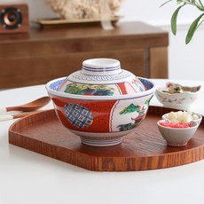 뚜껑있는 일본식 돈부리 텐동 멜라민 그릇 2세트, 레드 대+레드 대