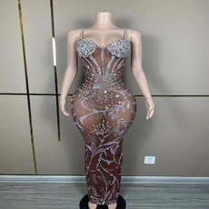 섹시한 무대 반짝이는 실버 크리스탈 라인스톤 브라 원피스 다크 메쉬 투명 생일 축하 클럽 사진 촬영