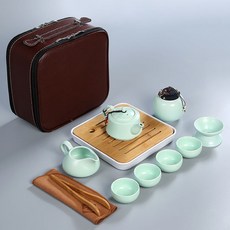티포트 휴대용 여행 차도구 세트포장 야외여행 심플한다기 한주전자 네잔 찻주전자 선물 문주문제작 logo, T14-스카이블루 동보 주전자세트 배합갈색 색가죽 패키지