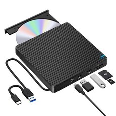 Guamar 노트북용 외장 CD/DVD 드라이브 USB 3.0 CD 버너 DVD 플레이어 리더 라이터 SD TF 2 포트가 있는 맥용 PC 맥북 프로/에어 윈도우 11/10용, 블랙