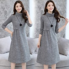 오직구 모직 원피스 여성 겨울 가을 옷 하프기장 패치워크 니트 소매 목폴라 이너