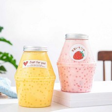 바나나우유병 딸기라떼 병 우유 플라스틱 보틀 용기, 500ml50개+타공뚜껑+딸기스티커