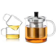 sama DOYO 尚明 耐熱玻璃不銹鋼過濾茶壺 S045 + 茶杯套組, 茶壺 700ml + 茶杯 150ml x 2p, 1組