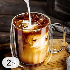 투데이리빙 1+1 이중 내열 투명 유리컵 더블레이어드 글라스 머그컵 보온 보냉 더블월 머그잔 다용도 강화 이중컵 홈카페 손잡이 유리잔 450ml 410ml, 2개, R98555Q(투명 2개, R98555Q(투명