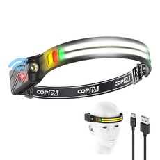 COPPA 해드랜턴 H4C 밴드형 모션센서 헤드램프 C타입 초경량 머리 부착 해드랜턴 2*바 LED 3가지 RGB 색상 다용도 조명, 1개, 블랙