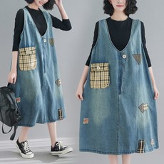 헬로마켓 여성 민소매 데님 루즈핏 빈티지 청 멜빵 원피스