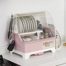 vsyoy주방 식기건조대 식기함 플라스틱 뚜껑 수납함 찬장 그릇과 식기 수납장 2단, 핑크색