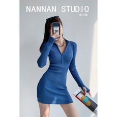 해외 겨울원피스 섹시 스파이시 지퍼 반하이넥 힙 스커트 여 긴팔 니트 블랙 스커트 타이트-542556