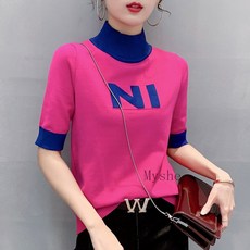 [Myshe]해외직구 여성 터틀넥 스웨터 니트 반팔 니트 티셔츠 Sevenfei908TX8