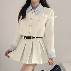 [디데이뉴] [SET가격 코디완성] 트위드 자켓+벨트+주름 펌핀 스커트 스트라이프 셔츠 레이어드 세트 2color