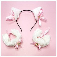 others 뽀 송 귀여운 고양이 귀 머리띠 머리핀 로 리 타 소프트 여동생 여자 방울 흰 머리 띠 + 손 고리 한 쌍