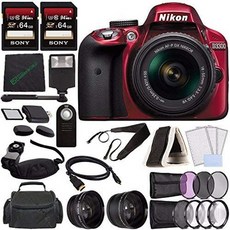 Nikon D3300 DSLR 카메라 18-55mm AF-P DX 렌즈 (빨간색) + 64GB SDXC 카드 + 리모컨 + 플래시 + 청소용, One Color_One Size, 상세 설명 참조0, 상세 설명 참조0