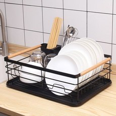 우드핸들 물빠짐 식기건조대, 블랙