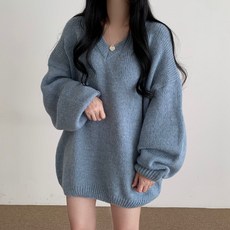 쪼예 여친룩 브이넥 오버핏 풀오버 긴팔 니트