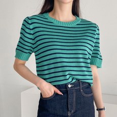 여성용 뜨개진 숄더셔링 스트라이프 젤리아 라운드 반팔 니트