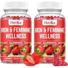 Hovika 셀레늄 셀렌 여성 구미용 철분 및 호르몬 균형 여성용 종합 비타민이 함유된 40mg 보충 빈혈 아연 셀레늄 요오드 - 결핍에 대한 천연 지원 PMS 비건 60, 딸기, 60 카운트(2팩), 2개, 60정