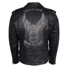 남성용 이글 엠보싱 Live To Ride - 클래식 블랙 가죽 오토바이 바이커 재킷 블랙., 블랙_Large
