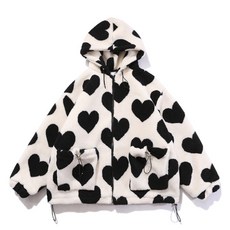 여성 겨울 Faux Fur 긴 소매 후드 자켓 하라주쿠 러브 하트 풀 프린트 집업 플러시 코트 오버사이즈 파카스