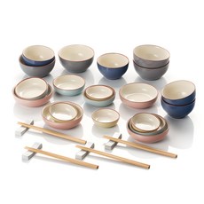 CROWNFORD Nobility家庭4人餐具組, 藍色+灰色+天藍色+黃色+粉紅色, 飯碗 4個+湯碗 4個+餐盤(大) 4個+餐盤(中) 4個+餐盤(小) 4個+筷子架 4個+筷子 4雙