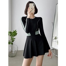 날씬 몸매 휴가 호캉스 비치 긴팔 O넥 수영복 패치워크 바디 수트 비치웨어 블랙 여성용