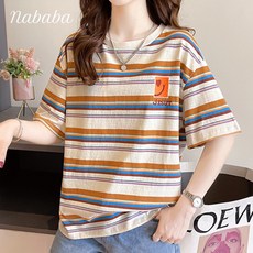 나바바 NT1535 여성 캐주얼 단가라 자수 포인트 반팔 티셔츠