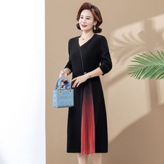중년 여성 봄가을 우아한 원피스 캐주얼 빅사이즈 여성 미디 원피스 고급 심플 슬림핏 긴팔 차마 PXY