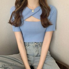 여성 여름 슬림 반팔티 티셔츠 골지 꼬임 크롭 니트