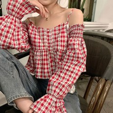 [랜덤플레이] 체크 크롭 끈 오프숄더 소매 퍼프 블라우스