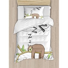 EOM Sloth Duvet 커버 세트 숲의 지점에서 자고 숲 포유류 브레이크 브레이 [Twin- Green Brown] - E04010751J4XRH1, Twin- Green Brown, Twin- Green Brown