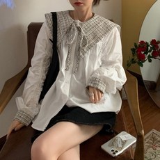 켈린 케이프 트위드 빅카라 셔링 루즈 블라우스 (블랙 화이트) S200824D014TOP